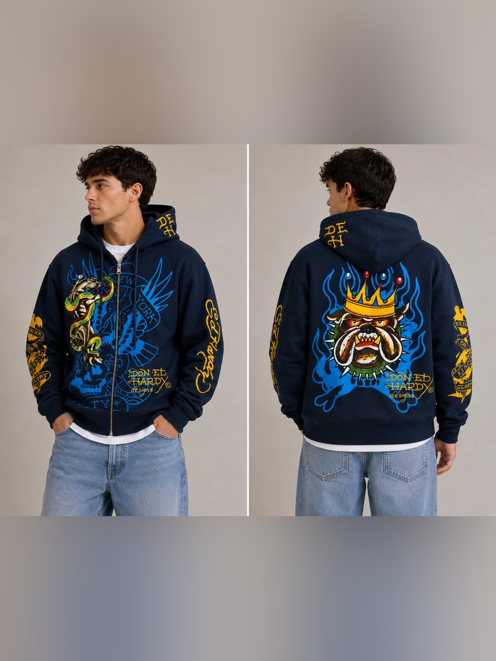 Don Ed Hardy Men’s XL Full Zip Navy Hoodie Panther Bulldog Tattoo Art Streetwear